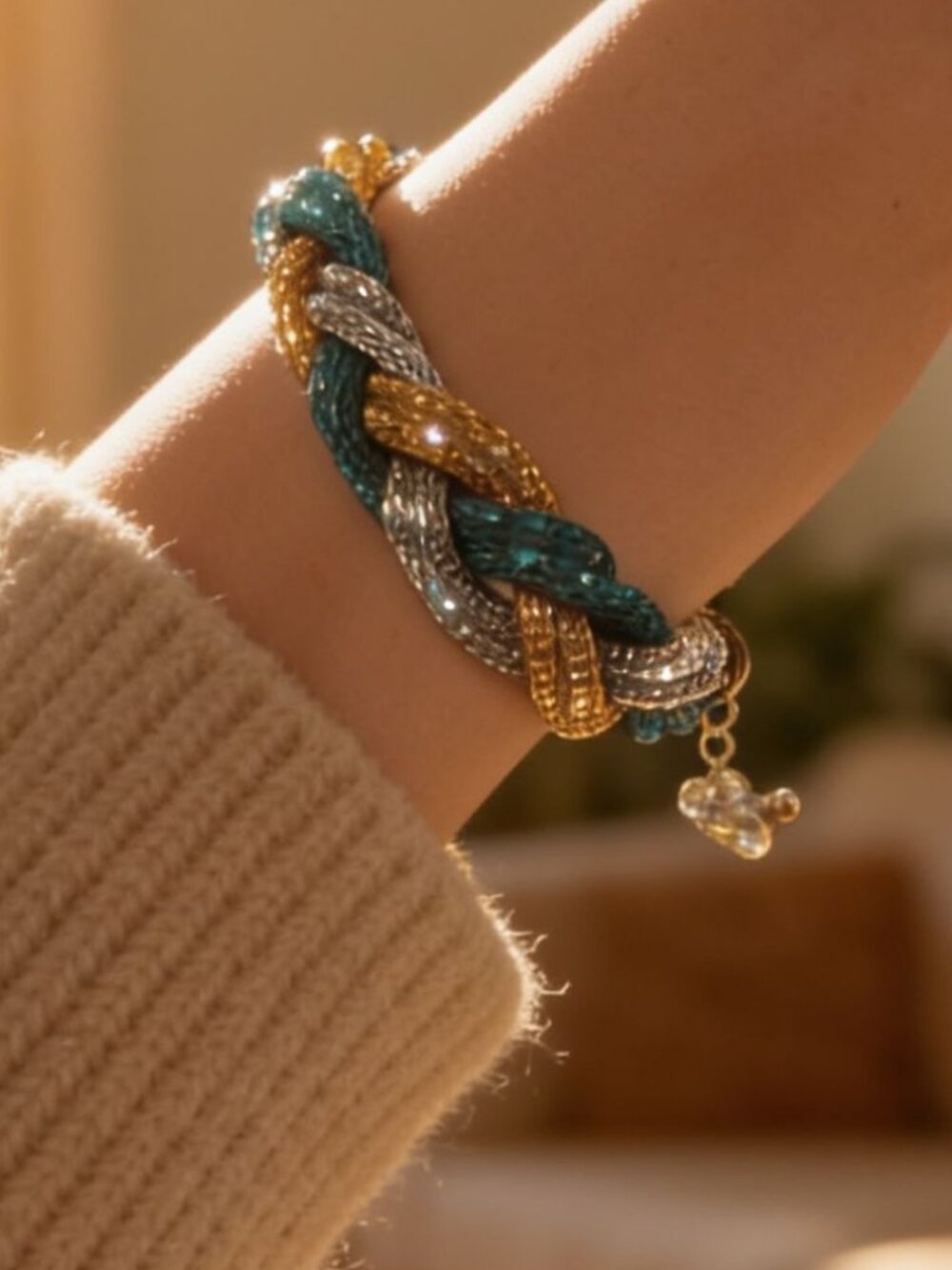 vintage threaded gold/silver/green twisted mesh multi-strand cuff bracelet
